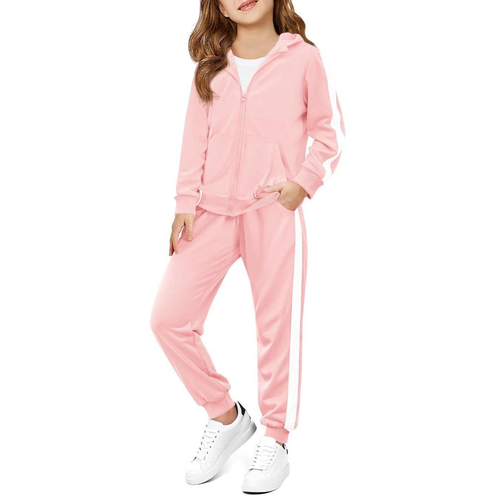 image:imageHaloumoning Girls 2 Piece Outfits Sweatsuit Kids Athletic Zip Up Hoodie and Sweatpants Clothing Sets 514YLight Pink