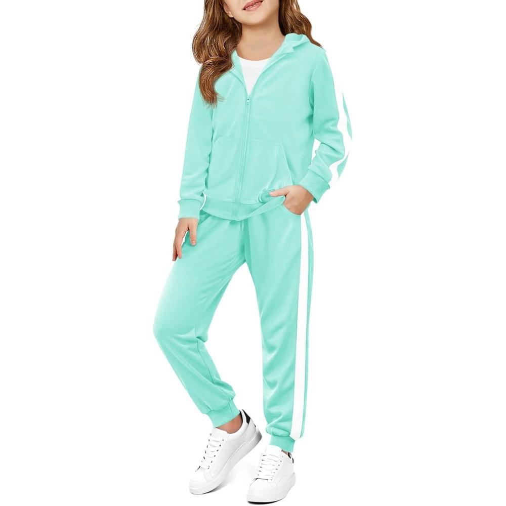 image:imageHaloumoning Girls 2 Piece Outfits Sweatsuit Kids Athletic Zip Up Hoodie and Sweatpants Clothing Sets 514YMint Green