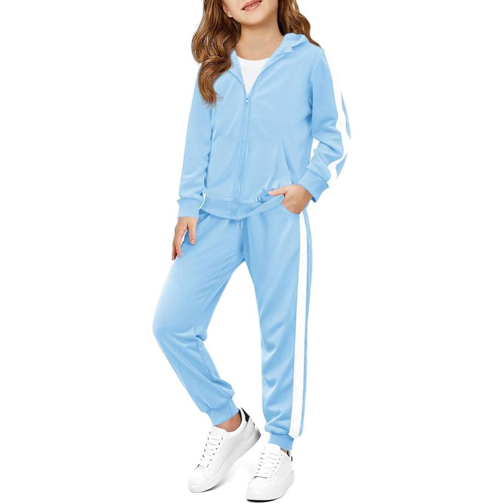 image:imageHaloumoning Girls 2 Piece Outfits Sweatsuit Kids Athletic Zip Up Hoodie and Sweatpants Clothing Sets 514YSky Blue
