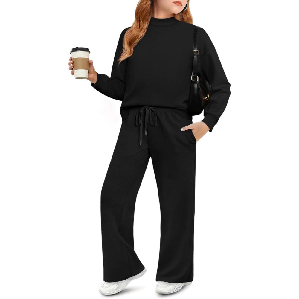 image:imageHaloumoning Girls 2 Piece Outfits Sweatsuit Kids Mock Neck Sweatshirt Wide Leg Pants Tracksuits Fall Outfits 514 YearsBlack