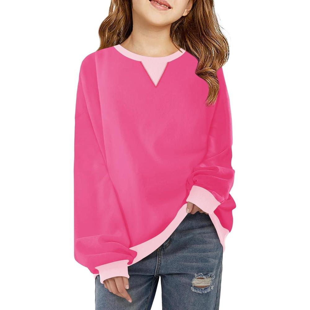 image:imageHaloumoning Girls Casual Crewneck Sweatshirts Kids Long Sleeve Oversized Fashion Pullover Tops 514 yearsRose Red