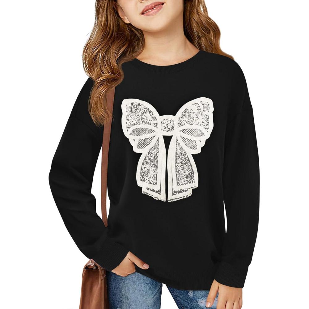 image:imageHaloumoning Girls Crewneck Sweatshirts Kids Long Sleeve Bow Graphic Print Drop Shoulder Pullover 514YBlack