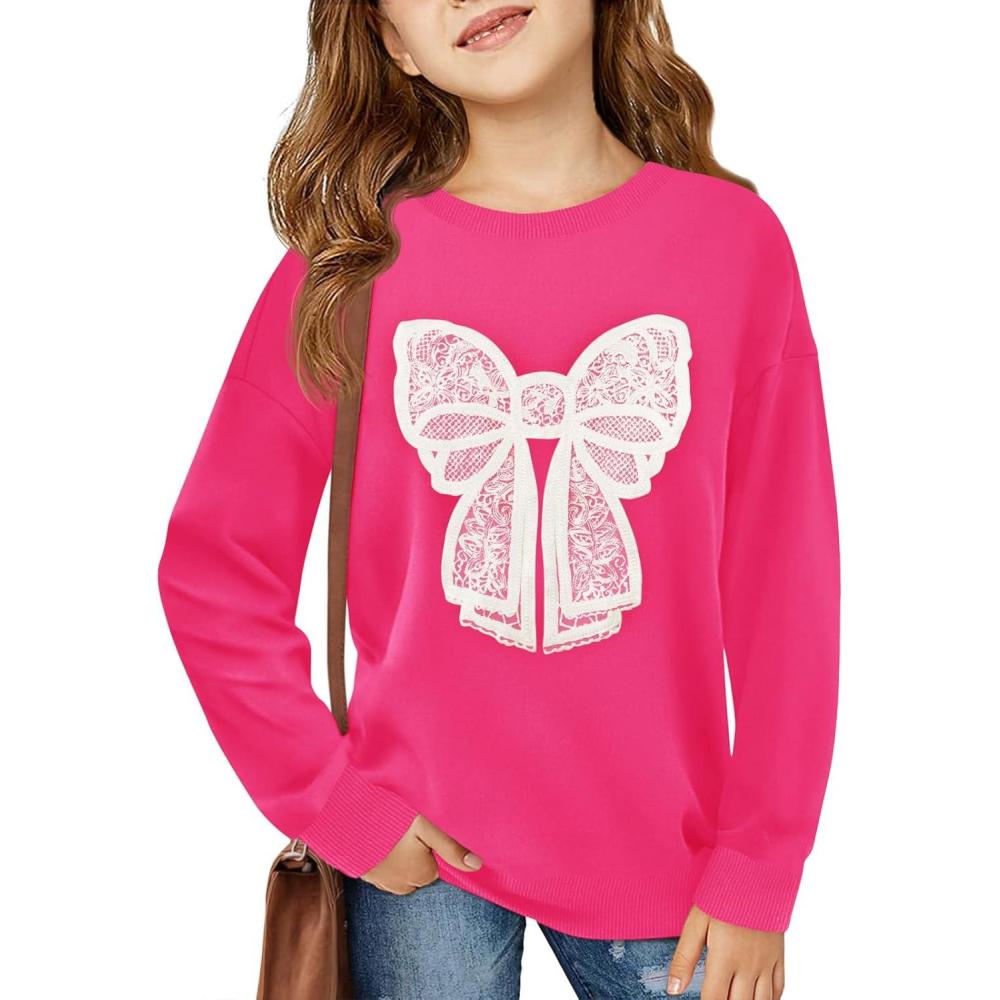 image:imageHaloumoning Girls Crewneck Sweatshirts Kids Long Sleeve Bow Graphic Print Drop Shoulder Pullover 514YRose Red