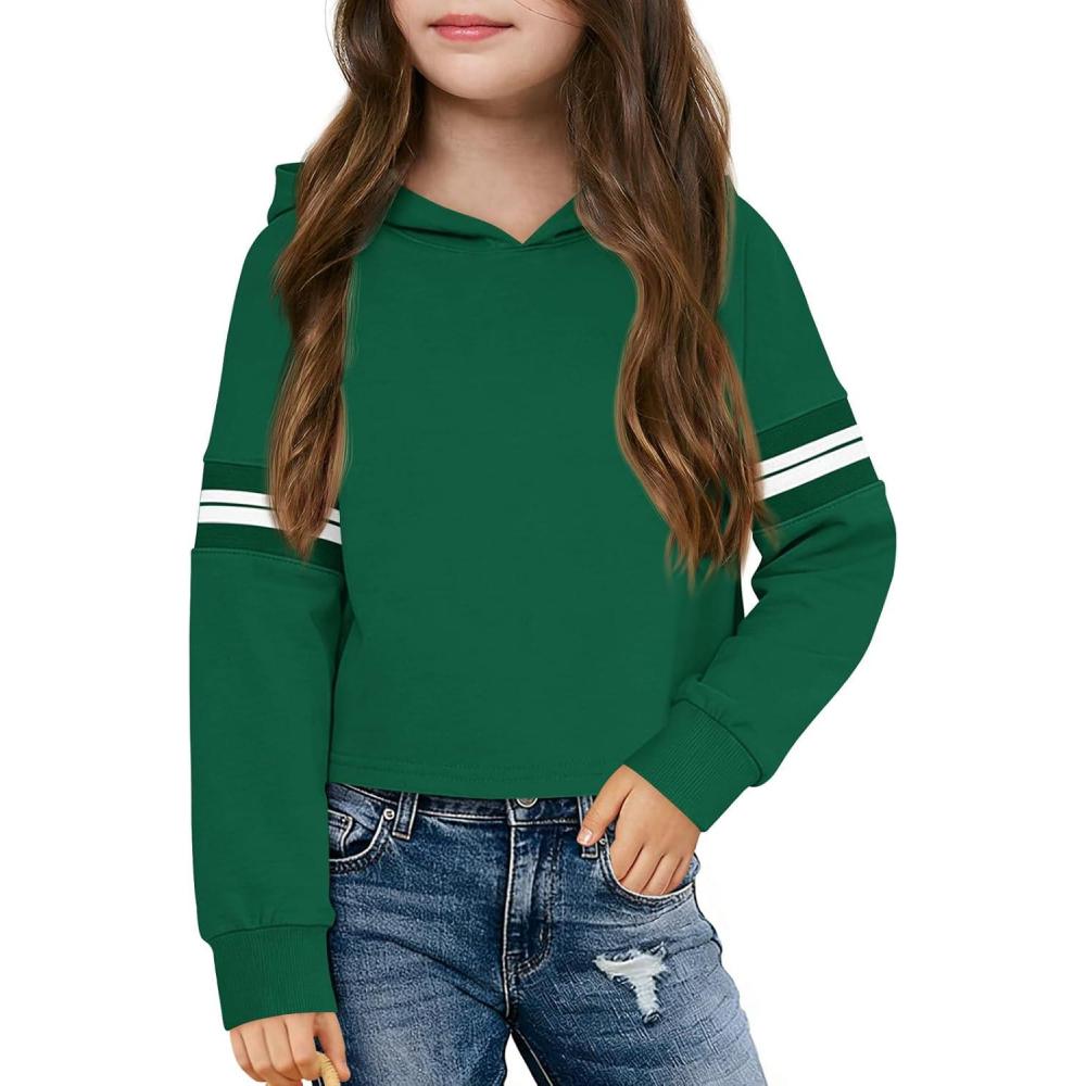 image:imageHaloumoning Girls Fashion Hoodies Kids Cute Striped Long Sleeve Crop Tops Hooded Sweatshirts 514 YearsDark Green