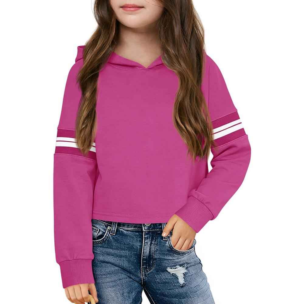 image:imageHaloumoning Girls Fashion Hoodies Kids Cute Striped Long Sleeve Crop Tops Hooded Sweatshirts 514 YearsHot Pink