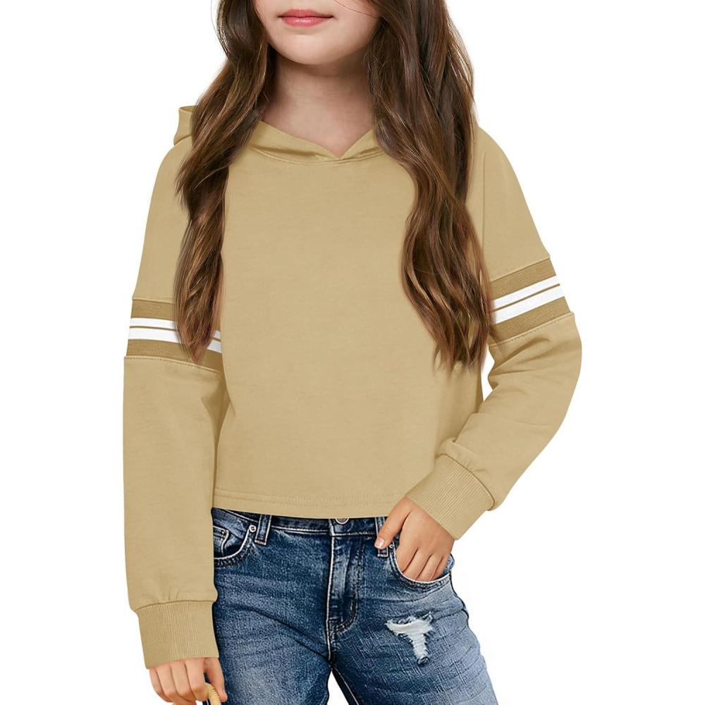 image:imageHaloumoning Girls Fashion Hoodies Kids Cute Striped Long Sleeve Crop Tops Hooded Sweatshirts 514 YearsKhaki