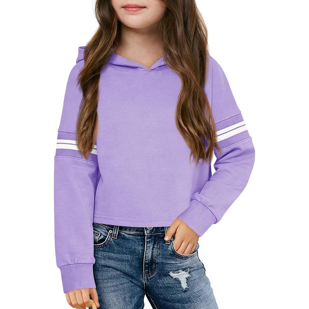 image:imageHaloumoning Girls Fashion Hoodies Kids Cute Striped Long Sleeve Crop Tops Hooded Sweatshirts 514 YearsLight Purple