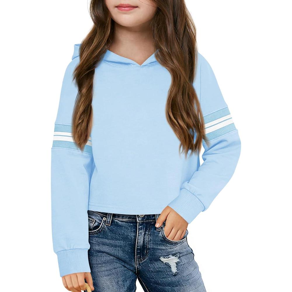 image:imageHaloumoning Girls Fashion Hoodies Kids Cute Striped Long Sleeve Crop Tops Hooded Sweatshirts 514 YearsSky Blue
