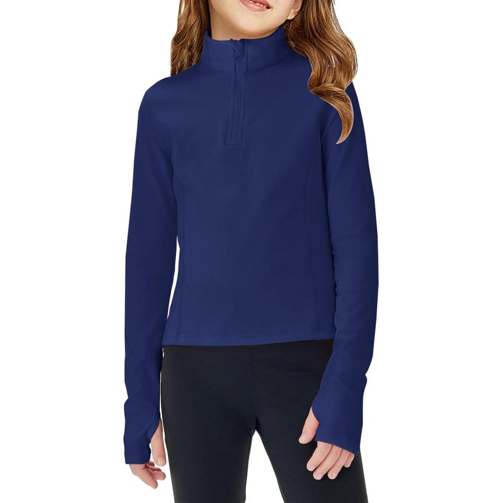 image:imageHaloumoning Girls Half Zip Pullover Sweatshirt Long Sleeve Workout Shirts Mock Neck Athletic Cropped TopsNavy