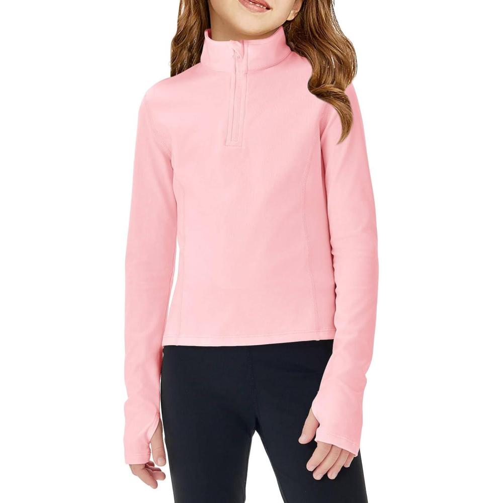 image:imageHaloumoning Girls Half Zip Pullover Sweatshirt Long Sleeve Workout Shirts Mock Neck Athletic Cropped TopsPink