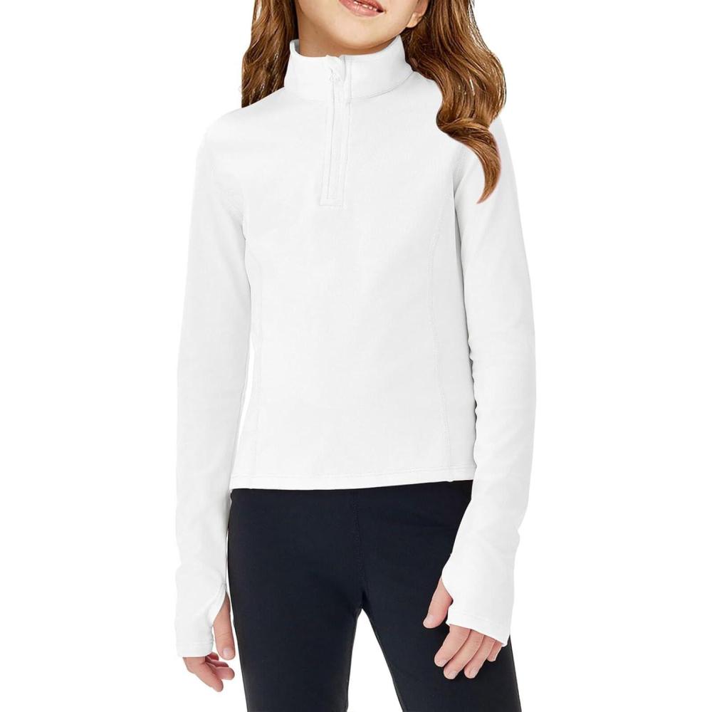 image:imageHaloumoning Girls Half Zip Pullover Sweatshirt Long Sleeve Workout Shirts Mock Neck Athletic Cropped TopsWhite