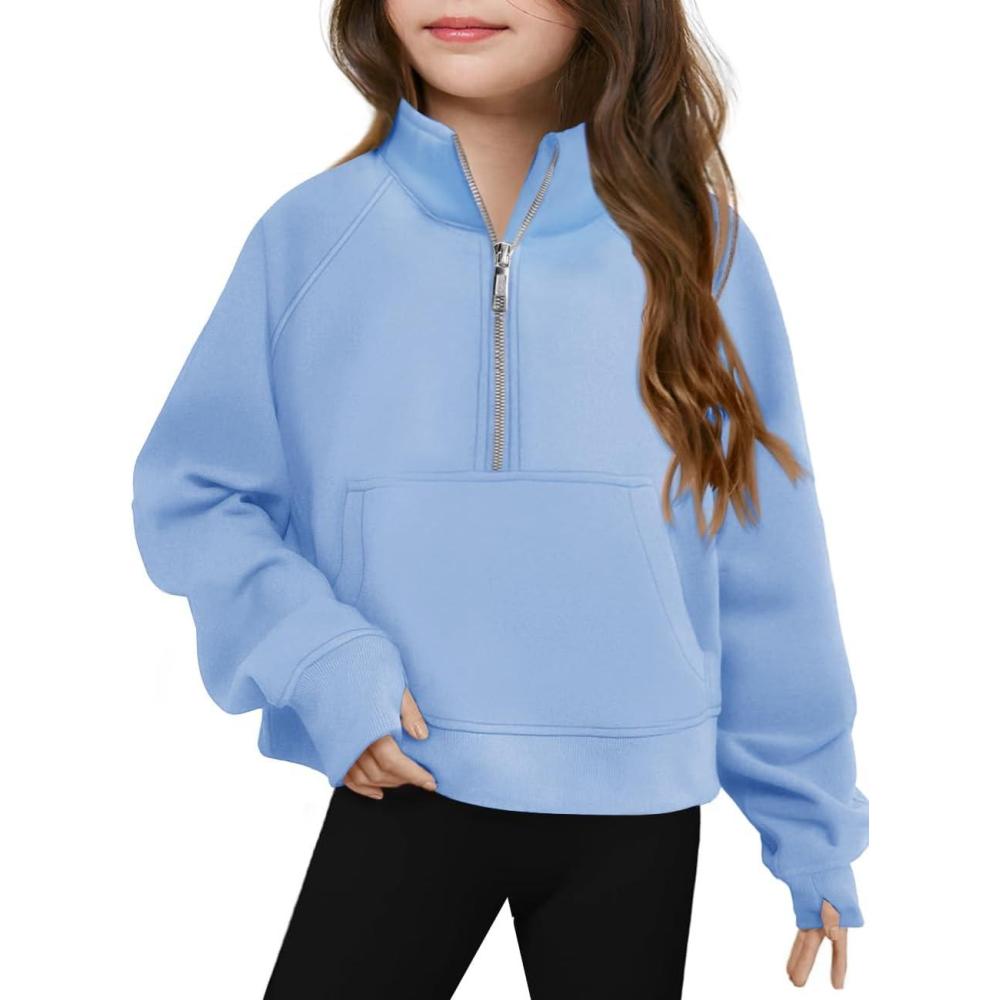 image:imageHaloumoning Girls Half Zip Sweatshirt Long Sleeve Pullover Crop Tops Kids Lightweight Fleece Fashion Winter ClothesBlue