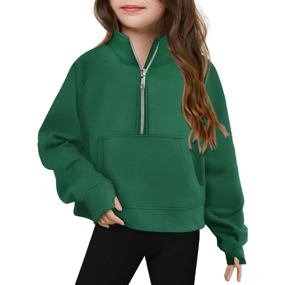 image:imageHaloumoning Girls Half Zip Sweatshirt Long Sleeve Pullover Crop Tops Kids Lightweight Fleece Fashion Winter ClothesDark Green
