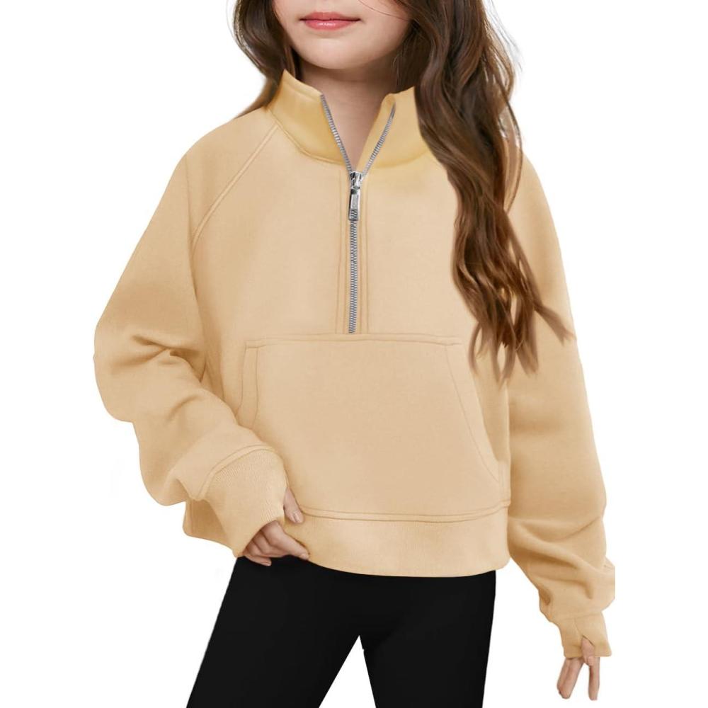 image:imageHaloumoning Girls Half Zip Sweatshirt Long Sleeve Pullover Crop Tops Kids Lightweight Fleece Fashion Winter ClothesLight Khaki