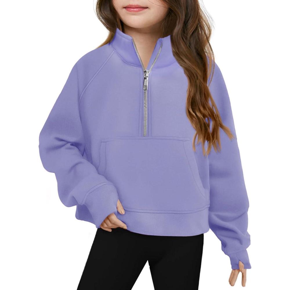 image:imageHaloumoning Girls Half Zip Sweatshirt Long Sleeve Pullover Crop Tops Kids Lightweight Fleece Fashion Winter ClothesPurple