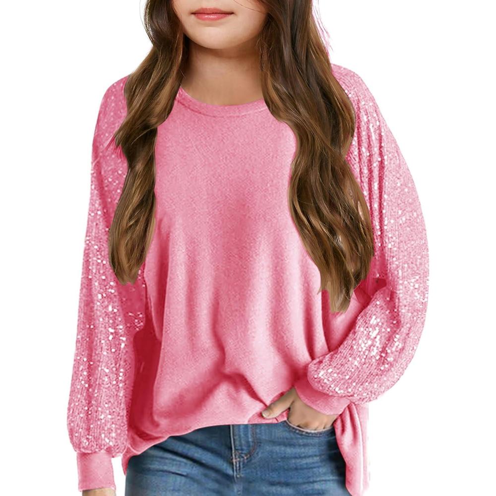 image:imageHaloumoning Girls Sequin Sweatshirts Kids Fashion Crewneck Long Batwing Sleeve Pullover Clothes 514 YearsDark Pink