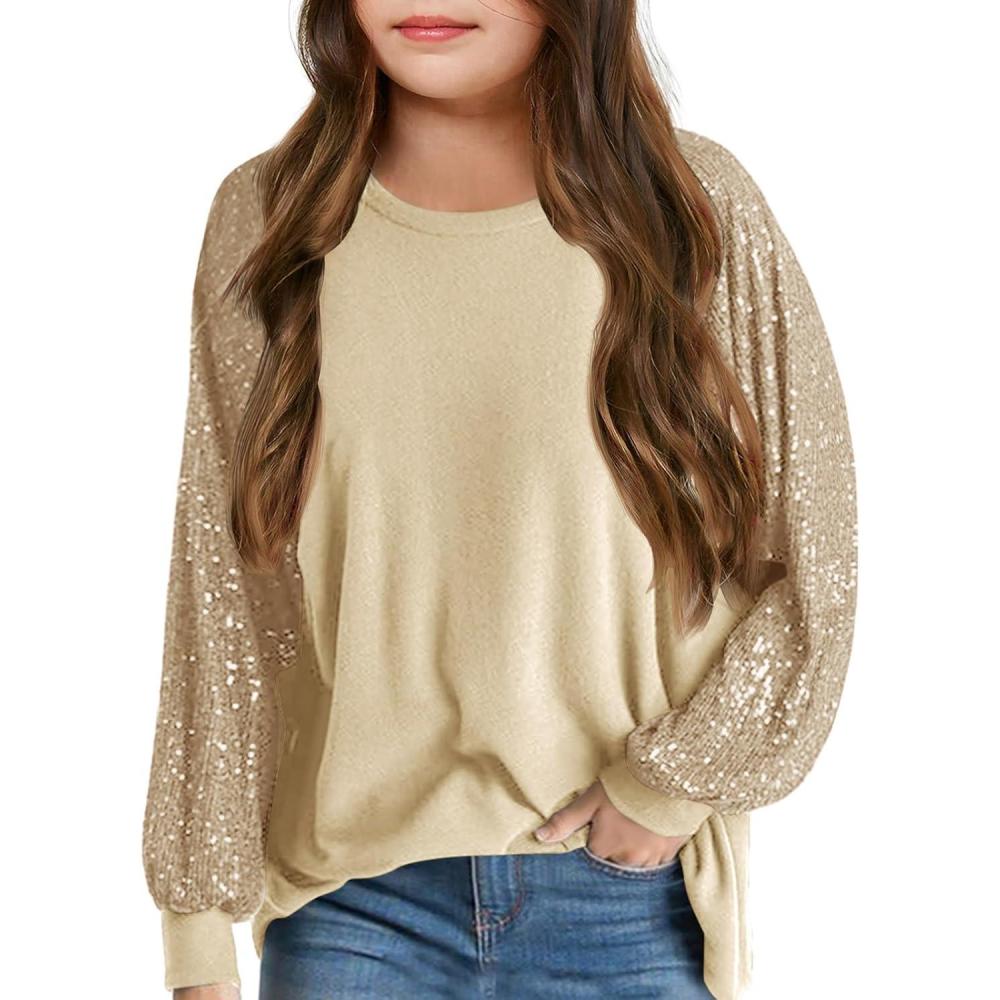 image:imageHaloumoning Girls Sequin Sweatshirts Kids Fashion Crewneck Long Batwing Sleeve Pullover Clothes 514 YearsGold