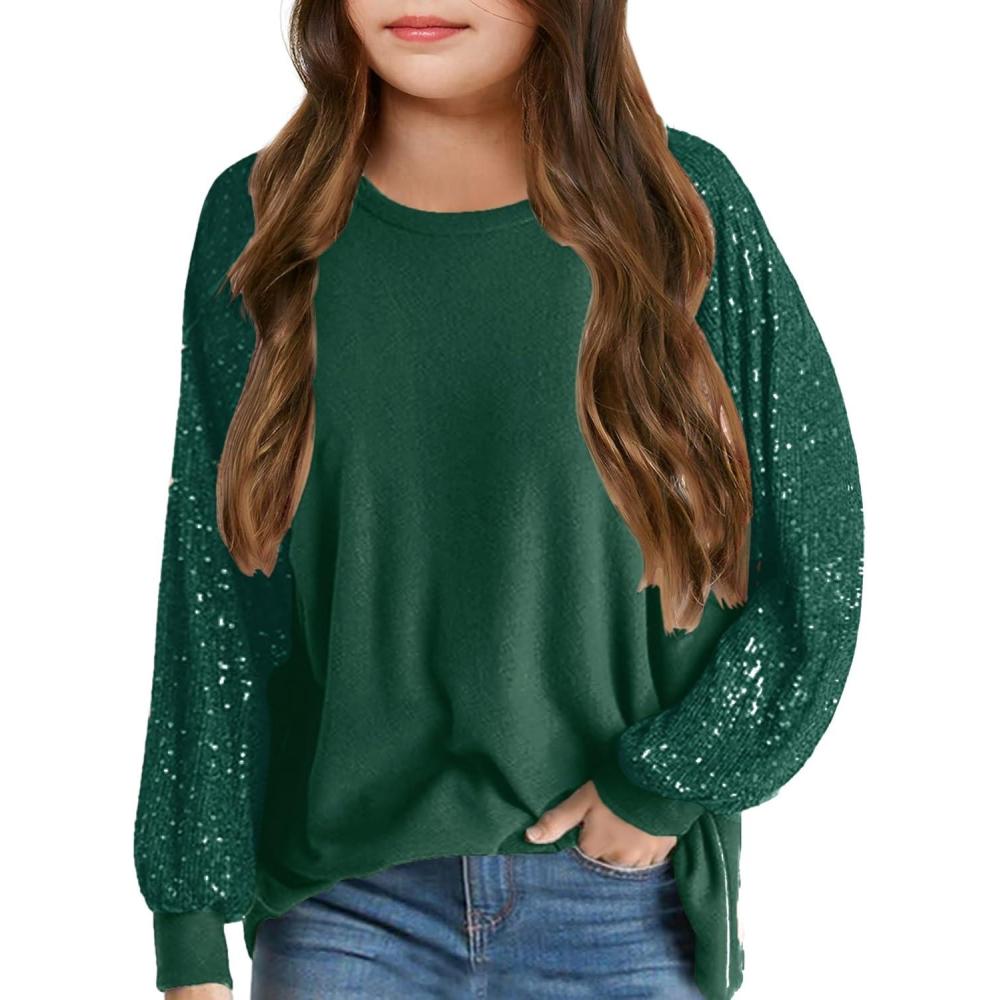 image:imageHaloumoning Girls Sequin Sweatshirts Kids Fashion Crewneck Long Batwing Sleeve Pullover Clothes 514 YearsGreen