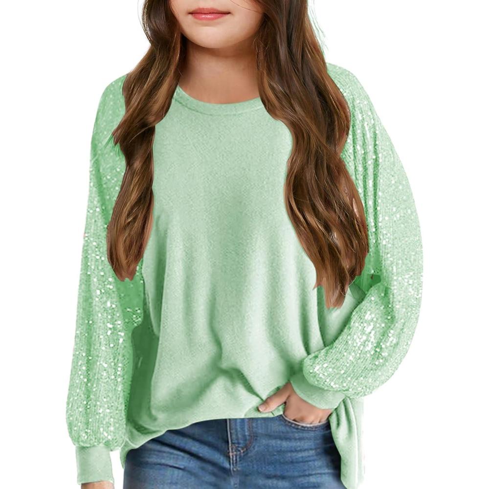 image:imageHaloumoning Girls Sequin Sweatshirts Kids Fashion Crewneck Long Batwing Sleeve Pullover Clothes 514 YearsLight Green