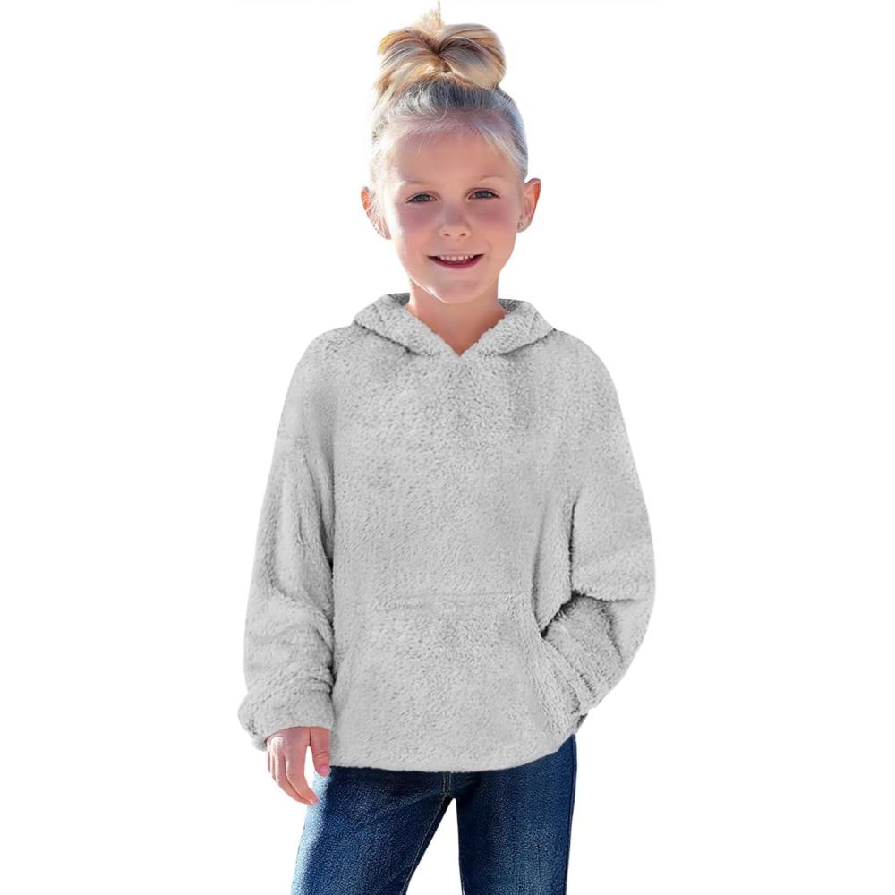 image:imageHaloumoning Toddler Girls Fuzzy Fleece Hoodies Baby Kids Warm Pullover Hooded Sweatshirt with PocketsGrey