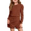 Haloumoning Girls 2 Piece Fall Outfits Clothing Sets Kids Puff Long Sleeve Argyle Sweatshirts and Wrap Skorts 5-14 Years(Brown)