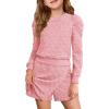 Haloumoning Girls 2 Piece Fall Outfits Clothing Sets Kids Puff Long Sleeve Argyle Sweatshirts and Wrap Skorts 5-14 Years(Pink)
