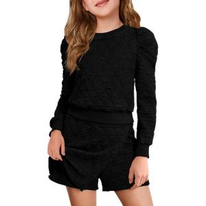 Haloumoning Girls 2 Piece Fall Outfits Clothing Sets Kids Puff Long Sleeve Argyle Sweatshirts and Wrap Skorts 5-14 Years(Black)