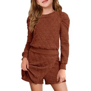 Haloumoning Girls 2 Piece Fall Outfits Clothing Sets Kids Puff Long Sleeve Argyle Sweatshirts and Wrap Skorts 5-14 Years(Brown)