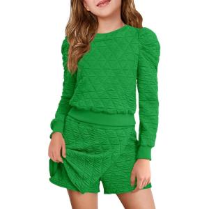 Haloumoning Girls 2 Piece Fall Outfits Clothing Sets Kids Puff Long Sleeve Argyle Sweatshirts and Wrap Skorts 5-14 Years(Green)