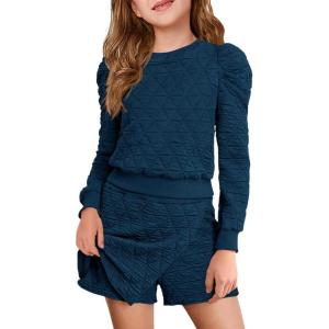 Haloumoning Girls 2 Piece Fall Outfits Clothing Sets Kids Puff Long Sleeve Argyle Sweatshirts and Wrap Skorts 5-14 Years(Navy Blue)