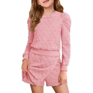 Haloumoning Girls 2 Piece Fall Outfits Clothing Sets Kids Puff Long Sleeve Argyle Sweatshirts and Wrap Skorts 5-14 Years(Pink)