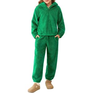 Haloumoning Girls 2 Piece Outfits Kids Fuzzy Bear Ear Hoodies Pullover Sweatshirt and Sweatpants Cute Clothing Sets(Green)