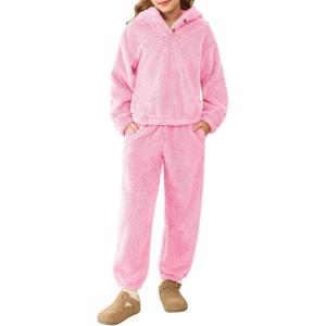 Haloumoning Girls 2 Piece Outfits Kids Fuzzy Bear Ear Hoodies Pullover Sweatshirt and Sweatpants Cute Clothing Sets(Pink)