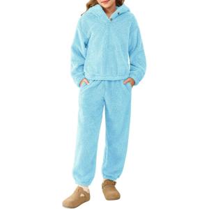 Haloumoning Girls 2 Piece Outfits Kids Fuzzy Bear Ear Hoodies Pullover Sweatshirt and Sweatpants Cute Clothing Sets(Sky Blue)