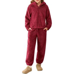 Haloumoning Girls 2 Piece Outfits Kids Fuzzy Bear Ear Hoodies Pullover Sweatshirt and Sweatpants Cute Clothing Sets(Wine Red)