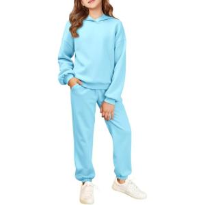 Haloumoning Girls 2 Piece Outfits Kids Oversized Fleece Hoodie Sweatshirt and Sweatpants Fashion Clothing Sets(Blue)