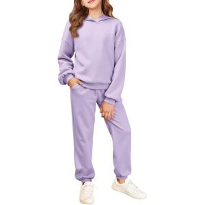 Haloumoning Girls 2 Piece Outfits Kids Oversized Fleece Hoodie Sweatshirt and Sweatpants Fashion Clothing Sets(Purple)