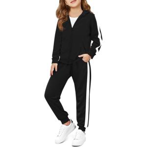 Haloumoning Girls 2 Piece Outfits Sweatsuit Kids Athletic Zip Up Hoodie and Sweatpants Clothing Sets 5-14Y(Black)
