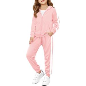 Haloumoning Girls 2 Piece Outfits Sweatsuit Kids Athletic Zip Up Hoodie and Sweatpants Clothing Sets 5-14Y(Light Pink)