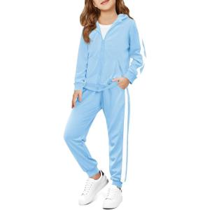 Haloumoning Girls 2 Piece Outfits Sweatsuit Kids Athletic Zip Up Hoodie and Sweatpants Clothing Sets 5-14Y(Sky Blue)