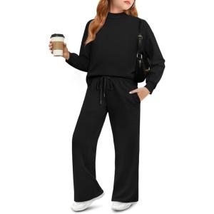 Haloumoning Girls 2 Piece Outfits Sweatsuit Kids Mock Neck Sweatshirt Wide Leg Pants Tracksuits Fall Outfits 5-14 Years(Black)