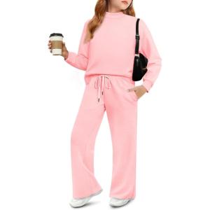 Haloumoning Girls 2 Piece Outfits Sweatsuit Kids Mock Neck Sweatshirt Wide Leg Pants Tracksuits Fall Outfits 5-14 Years(Pink)