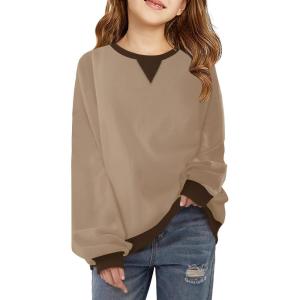 Haloumoning Girls Casual Crewneck Sweatshirts Kids Long Sleeve Oversized Fashion Pullover Tops 5-14 years(Light Brown)
