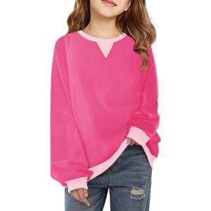 Haloumoning Girls Casual Crewneck Sweatshirts Kids Long Sleeve Oversized Fashion Pullover Tops 5-14 years(Rose Red)