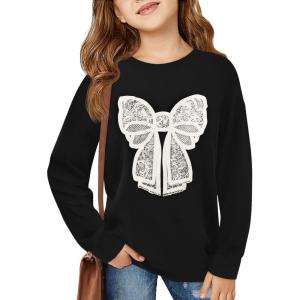 Haloumoning Girls Crewneck Sweatshirts Kids Long Sleeve Bow Graphic Print Drop Shoulder Pullover 5-14Y(Black)