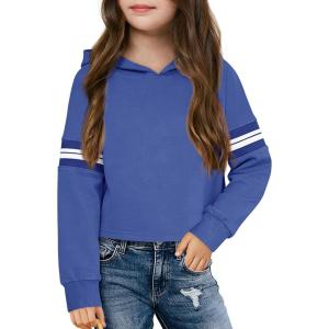 Haloumoning Girls Fashion Hoodies Kids Cute Striped Long Sleeve Crop Tops Hooded Sweatshirts 5-14 Years(Blue)