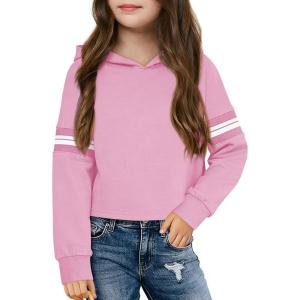 Haloumoning Girls Fashion Hoodies Kids Cute Striped Long Sleeve Crop Tops Hooded Sweatshirts 5-14 Years(Pink)