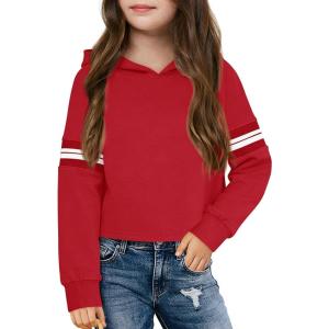 Haloumoning Girls Fashion Hoodies Kids Cute Striped Long Sleeve Crop Tops Hooded Sweatshirts 5-14 Years(Red)