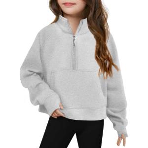Haloumoning Girls Half Zip Sweatshirt Long Sleeve Pullover Crop Tops Kids Lightweight Fleece Fashion Winter Clothes(Grey)