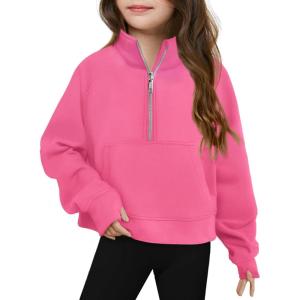 Haloumoning Girls Half Zip Sweatshirt Long Sleeve Pullover Crop Tops Kids Lightweight Fleece Fashion Winter Clothes(Hot Pink)